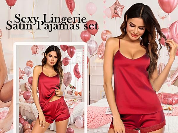 Sleepwear Womens Sexy Satin Pajamas Lingerie Lace Cami Shorts Set Nightwear XS-XXL (2)