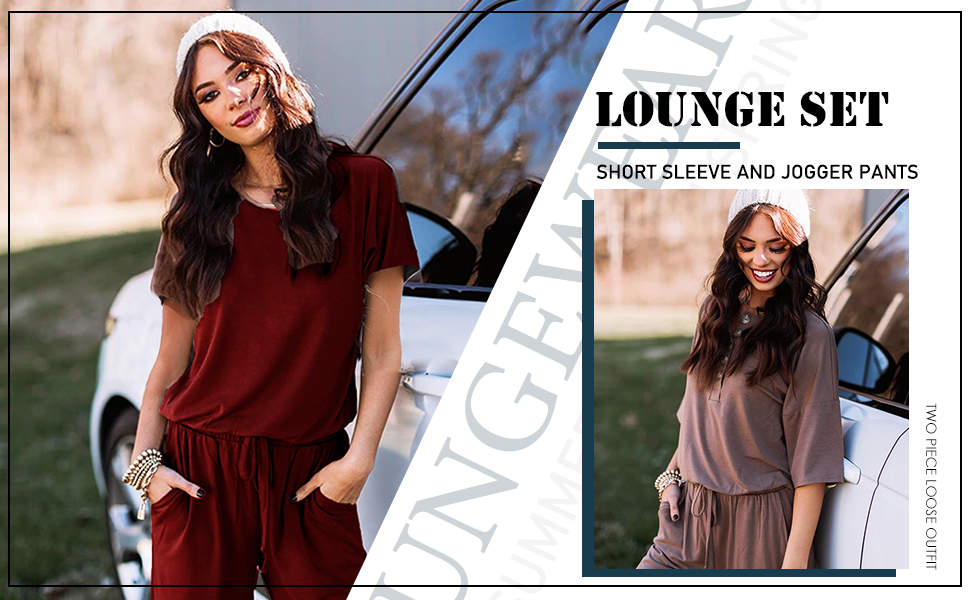 Lounge Sets for Women 2 Piece Short Sleeve Crewneck Jogger Pants Loungewear Sweatsuit Outfits Set