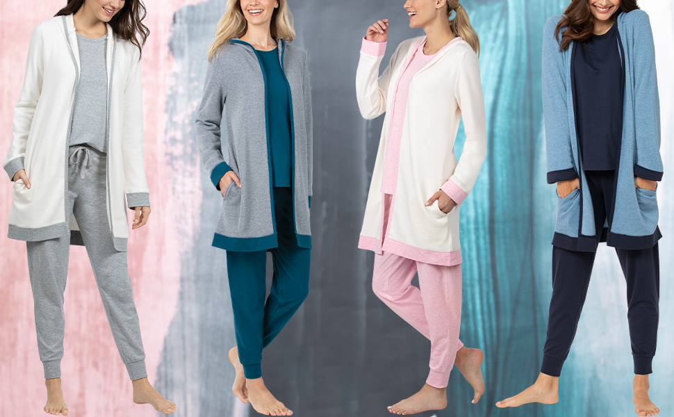 three models standing with watercolor background showing the three piece pajama lounge set