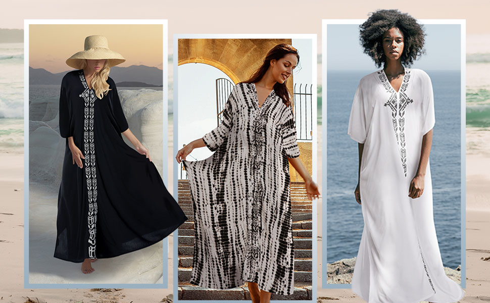 bohemian vneck long house dress sun protection modern printed embroidered turkish kaftan mumu boho