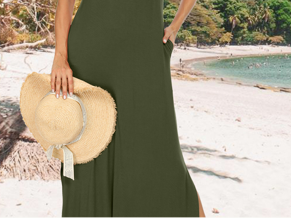 a lady wearing grecerelle long maxi dress and walking on the beach