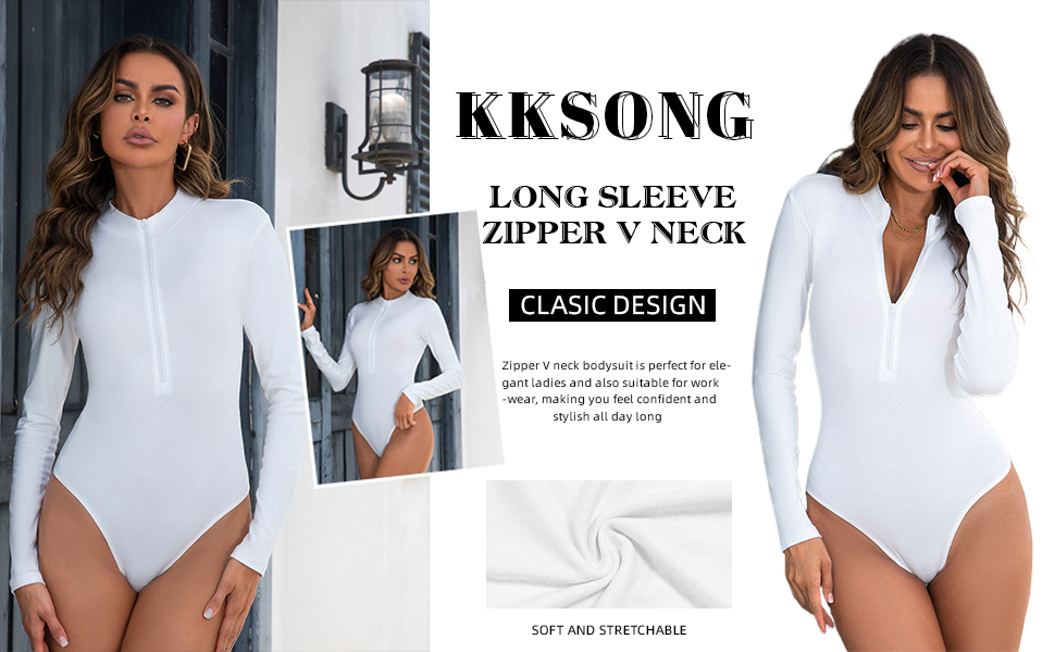 Long Sleeve Zipper V Neck Bodysuits for Women