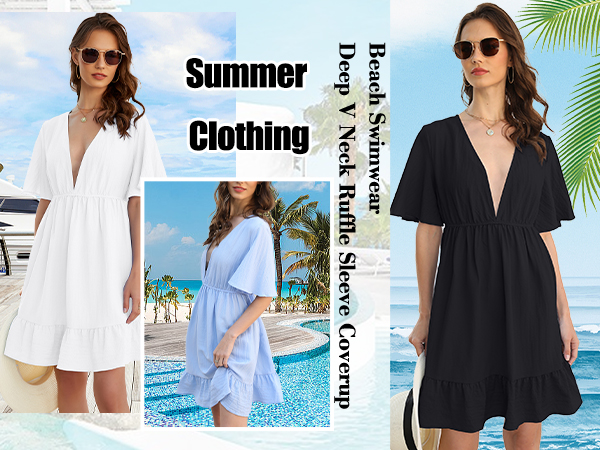 Women Swimsuit Cover Up Dress Beach Deep V Neck Swimwear Summer Bathing Flowy Ruffle Sleeve Coverup