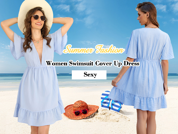 Women Swimsuit Cover Up Dress Beach Deep V Neck Swimwear Summer Bathing Flowy Ruffle Sleeve Coverup