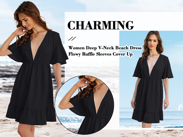 Women Swimsuit Cover Up Dress Beach Deep V Neck Swimwear Summer Bathing Flowy Ruffle Sleeve Coverup