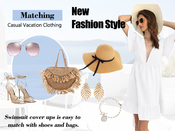 Women Swimsuit Cover Up Dress Beach Deep V Neck Swimwear Summer Bathing Flowy Ruffle Sleeve Coverup