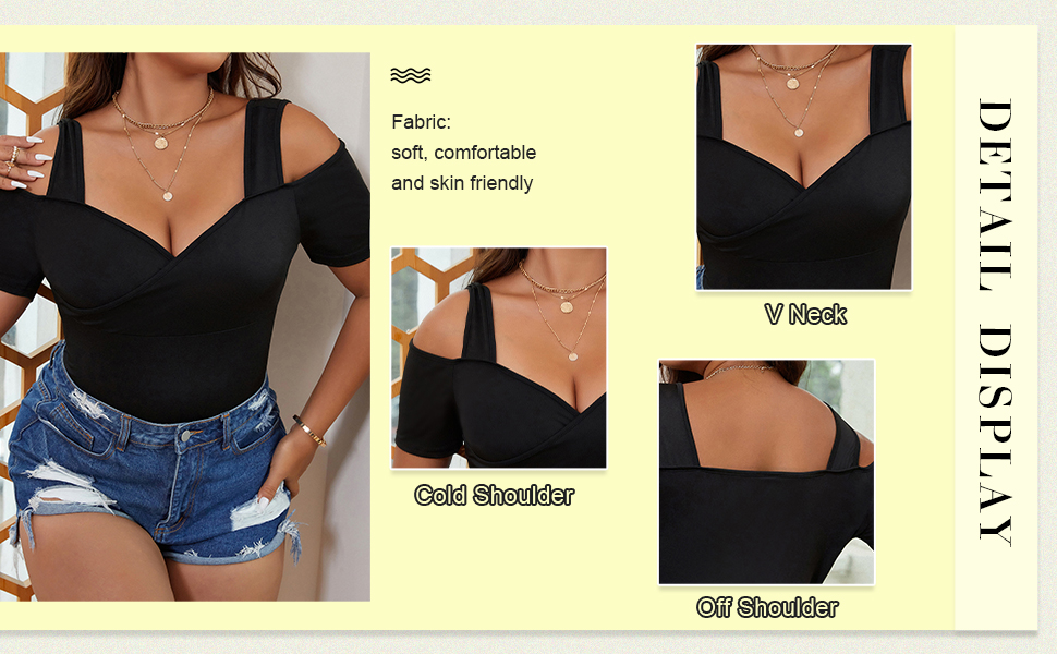 Women''s Plus Size Cold Shoulder Skinny One Piece Bodysuit Short Sleeve Cut Out T-Shirt Top