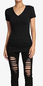 Women''s Baisc V-Neck Short Sleeve T-Shirts Cotton Tee Black