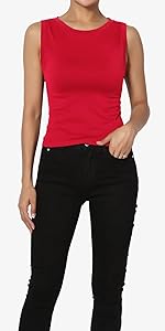 Stretch Seamless Round Crew Neck Crop Tank Top Sleeveless Skinny Tee Red