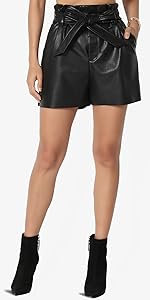 Vegan Faux Leather Paperbag Belt High Waist Shorts Black