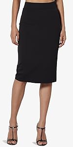 Basic Stretch Thick Ponte Knit Pencil Midi Skirt Black