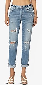 Distressed Destructed Washed Denim Mid Rise Relaxed Boyfriend Jeans Medium