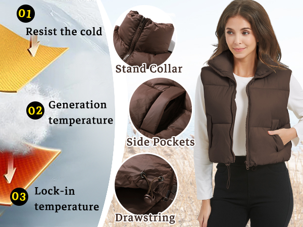 Women''s Cropped Puffer Vest Winter Stand Collar Crop Padded Jackets Gilet with Pockets