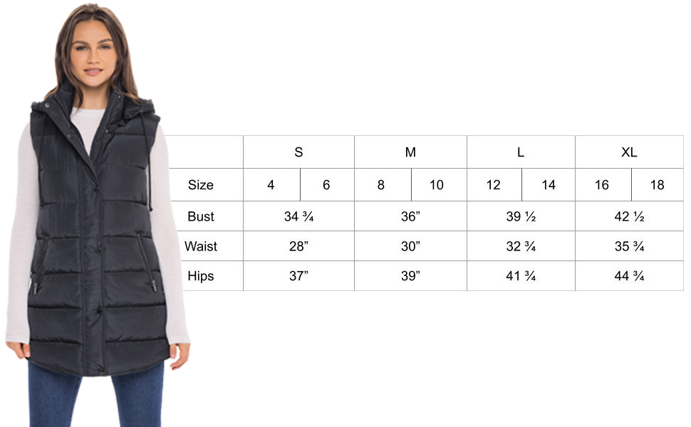 fully lined long puffer vest size chart