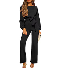 ZHUOFEI Women’s Casual Jumpsuits Loose Fit Belted Dressy Long Sleeve Crewneck Jumpsuit Long Rompers