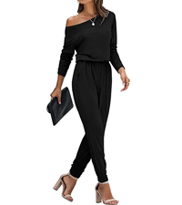 ZHUOFEI Women Casual Jumpsuit Loose Fit Off Shoulder Long Sleeve Elastic Waist Stretchy Long Rompers