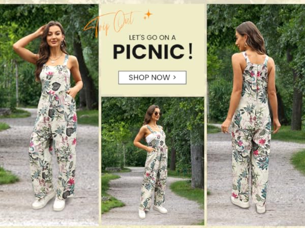 Jumpsuit for Women 2024 Dressy Casual Adjustable Straps Print Summer Cute Linen Rompers With Pocket