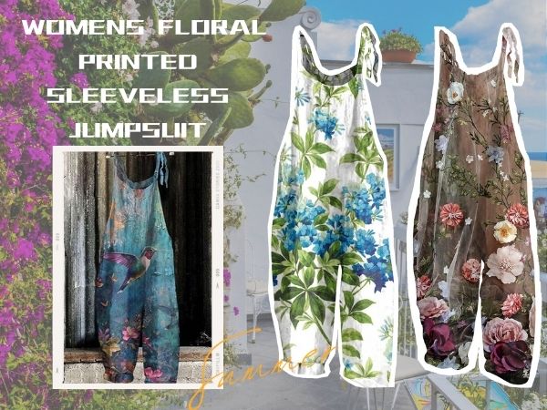 Jumpsuit for Women 2024 Dressy Floral Print Casual Loose Vintage Cotton Linen Jumpsuit Overalls