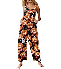 Jumpsuits for Women 2024 Casual Sleeveless Cute Halloween Pumpkin Print Overalls With Pocket