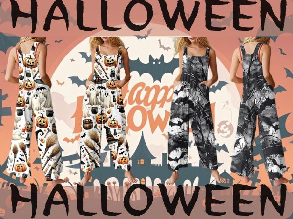 Jumpsuits for Women 2024 Casual Cute Halloween Pumpkin Print Overalls With Pocket