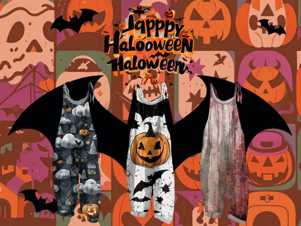 Jumpsuit for Women 2024 Halloween Bat Pumpkin Printed Casual Loose Retro Shoulder Straps Overalls