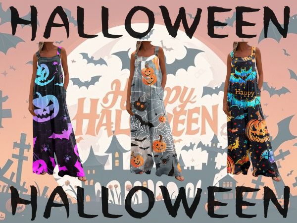 Halloween Wide Leg Jumpsuit for Women 2024 Casual Pumpkin Bat Print Button Overalls With Pockets