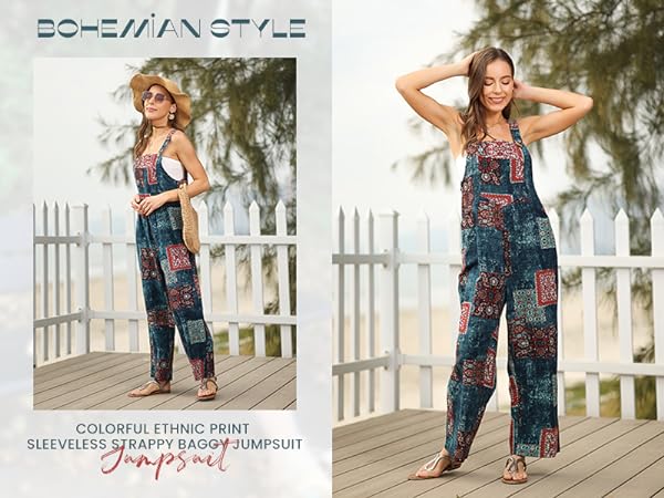 Jumpsuit for Women 2024 Dressy Casual Adjustable Straps Print Summer Cute Linen Rompers With Pocket