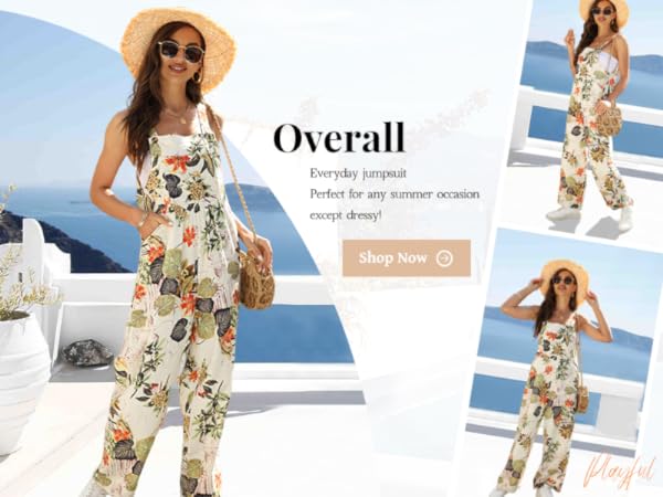 Jumpsuit for Women 2024 Dressy Casual Adjustable Straps Print Summer Cute Linen Rompers With Pocket