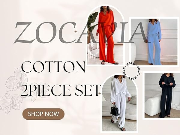 ZOCAVIA 2 Piece Womens Linen Pant Set Summer V Neck Long Sleeve Wide Leg Pant Suit 