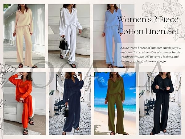 ZOCAVIA 2 Piece Womens Linen Pant Set Summer V Neck Long Sleeve Wide Leg Pant Suit 