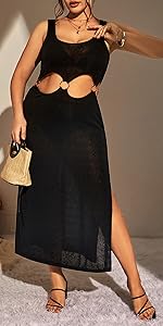 Plus Size Ring Linked Cutout Split Thigh Sleeveless Coverup