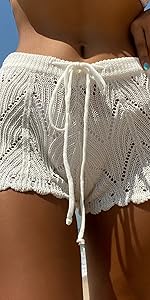 Crochet Drawstring Beach Shorts Sheer Scallop Trim Coverup