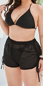 Plus Size Drawstring Sheer Bikini Bottom Mesh Swimsuit Cover Up Shorts