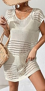 Hollow Out Knitted Cover Up Dress V Neck Short Sleeve Coverup