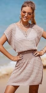 Crochet Hollow Out Short Sleeve V Neck Knitted Cover Up Dress