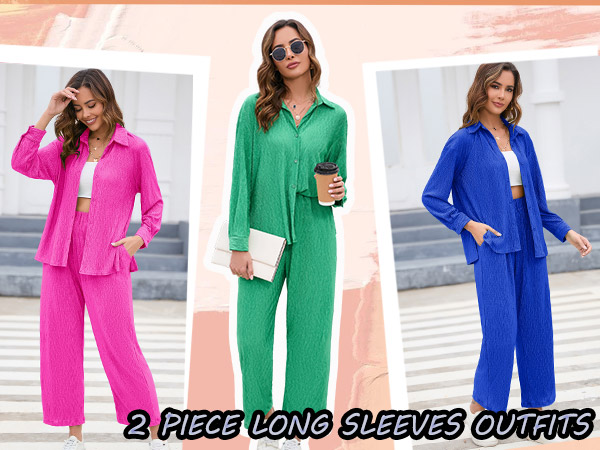 Women Two Piece Casual Outfits Y2K Loungewear Pleated Wide Leg Pants Long Sleeve Button Down Shirt