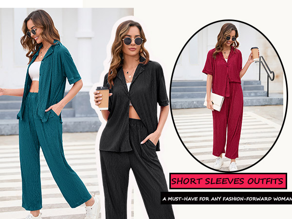 Women Two Piece Casual Outfits Y2K Loungewear Pleated Wide Leg Pants Long Sleeve Button Down Shirt