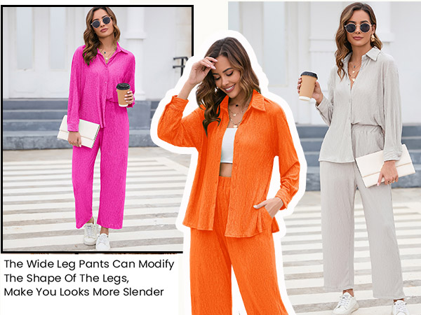 Women Two Piece Casual Outfits Y2K Loungewear Pleated Wide Leg Pants Long Sleeve Button Down Shirt