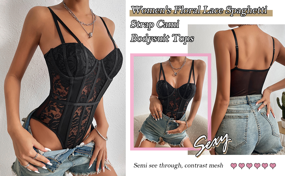 women’s sheer mesh floral lace sleeveless cami bodysuit tops 