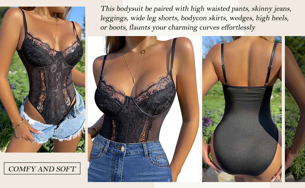 women’s sheer mesh floral lace bodysuit tops 