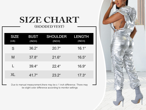 Size Chart for Kissonic Women''s Cropped Padded Puffer Vest Hooded Zip Up Sleeveless Jacket