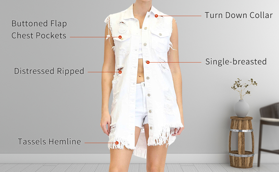 Women''s Mid Long Distressed Ripped Sleeveless Denim Jacket Jean Vest Cardigan Coats