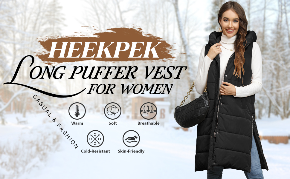 HEEKPEK Puffer Vest for Women Long Down Hooded Vest Womens Sleeveless Zip Up Jacket Winter Coats