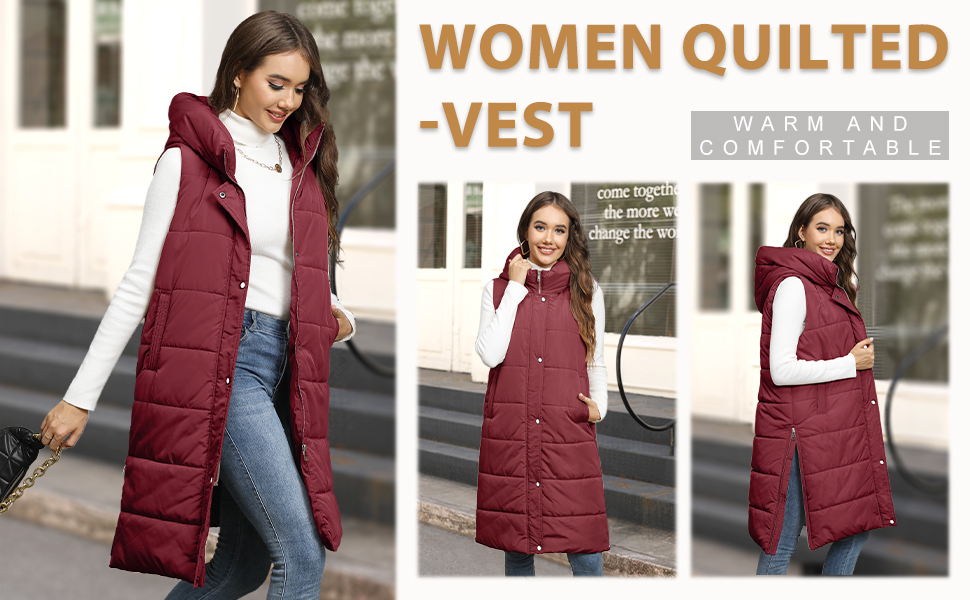 HEEKPEK Puffer Vest for Women Long Down Hooded Vest Womens Sleeveless Zip Up Thick Coat with Pockets