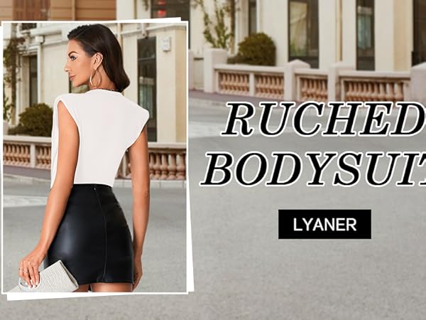 LYANER Women''s Wraped V Neck Ruched Sleeveless Tank Leotard Bodysuit Top