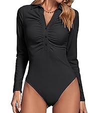 LYANER Women''s Rib Knit Collar Deep V Neck Ruched Buttons Long Sleeve Bodysuit Leotard Top