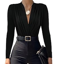 LYANER Women''s Wraped V Neck Ruched Long Sleeve Leotard Bodysuit Top