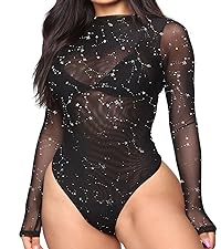 LYANER Women&#39;s Sexy Sheer Mock Neck Long Sleeve Leotard Bodysuit Top