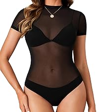 LYANER Women''s Sexy Sheer Mock Neck Short Sleeve Leotard Bodysuit Top