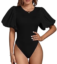 LYANER Women''s Casual Round Neck Puff Short Sleeve Leotard Bodysuit Top